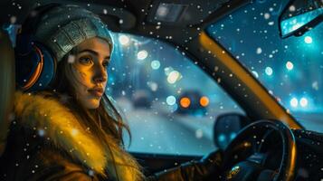 un joven mujer conducción disfrutando el invierno noche foto