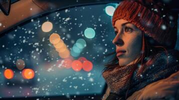 un joven mujer conducción disfrutando el invierno noche foto