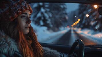 a young woman driving enjoying the winter night photo