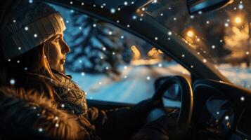 a young woman driving enjoying the winter night photo