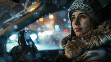 a young woman driving enjoying the winter night photo