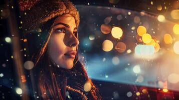 a young woman driving enjoying the winter night photo