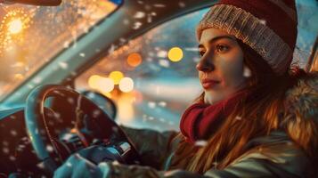 un joven mujer conducción disfrutando el invierno noche foto