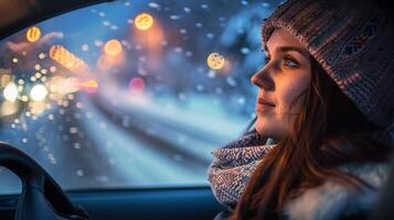 un joven mujer conducción disfrutando el invierno noche foto