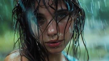 a young woman wet hair looking at camera outdoor photo