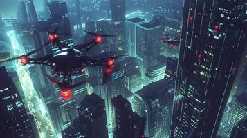 aerial view of futuristic cityscape drones photo