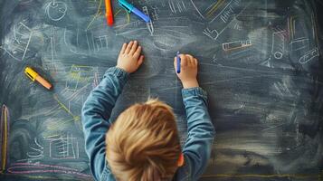 aéreo ver de niño mano dibujo en pizarra foto