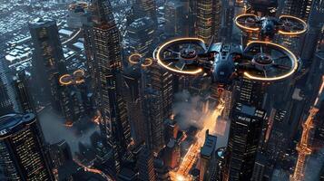 aerial view of futuristic cityscape drones photo