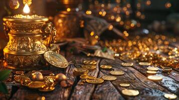 abundance of wealth on old wooden table photo