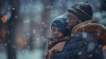 african american father and son embrace enjoying photo