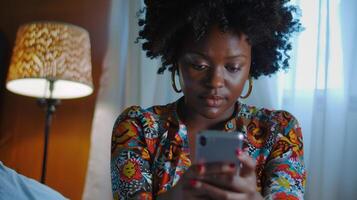 african american woman checking social media photo