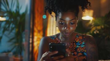 african american woman checking social media photo