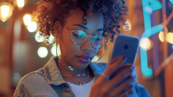 african american woman checking social media photo