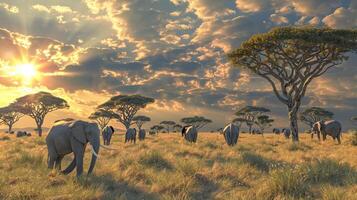 africano elefante manada pasto en tranquilo foto