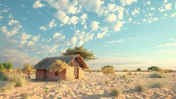 african hut in rural scene surrounded by sand photo