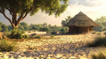 african hut in rural scene surrounded by sand photo