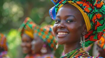 africano mujer sonriente vistiendo tradicional ropa foto