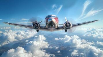 airplane flying with propeller over blue sky photo