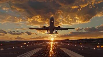 airplane taking off at sunset scene photo