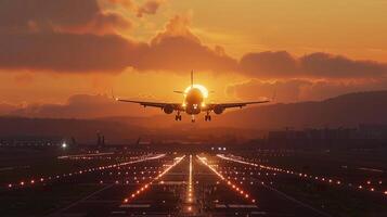 airplane taking off at sunset scene photo