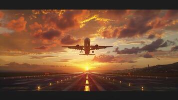 airplane taking off at sunset scene photo