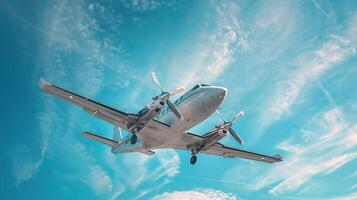 airplane flying with propeller over blue sky photo