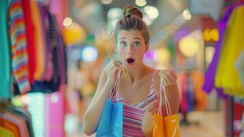 asombrado joven mujer adicto a las compras participación foto