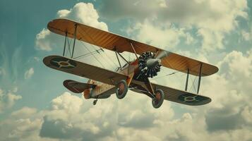 an old fashioned biplane performing a stunt photo