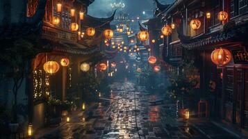 ancient city street illuminated by lanterns show photo