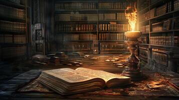 ancient bible illuminates dark library with wisdom photo