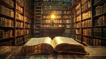 antiguo Biblia ilumina oscuro biblioteca con sabiduría foto