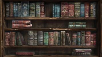 antique book collection on wooden bookshelf photo