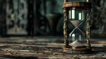 antiguo reloj de arena en antiguo mesa dice hora foto