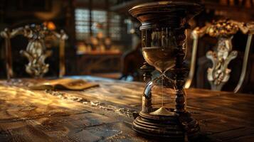 antique hourglass on old table tells time photo