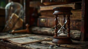 antique hourglass on old table tells time photo