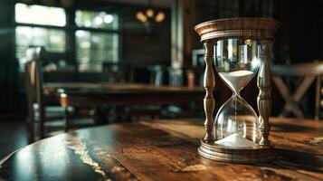 antique hourglass on old table tells time photo