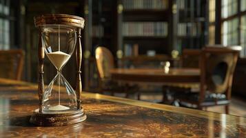 antique hourglass on old table tells time photo