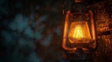 antique lantern glowing with natural flame light photo