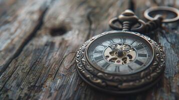 antiguo bolsillo reloj en de madera mesa hora foto