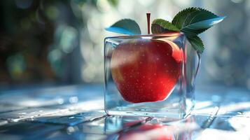 apple fresh fruit in transparent cube photo