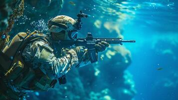 Ejército soldado buceo submarino equipado foto