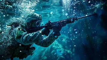 Ejército soldado buceo submarino equipado foto