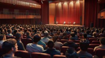 audience in auditorium watching presentation photo