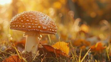 otoño bosque cerca arriba de comestible seta en césped foto