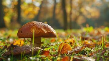 autumn forest close up of edible mushroom on grass photo