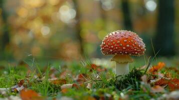 autumn forest close up of edible mushroom on grass photo