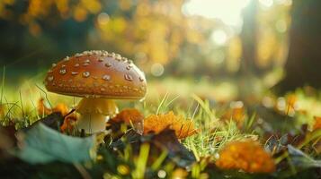 autumn forest close up of edible mushroom on grass photo