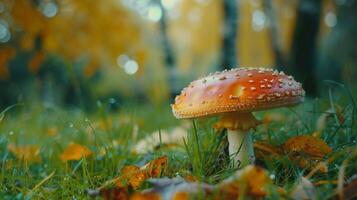 autumn forest close up of edible mushroom on grass photo