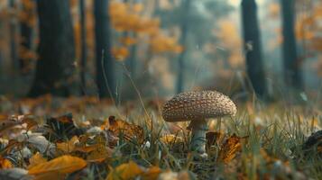 autumn forest close up of edible mushroom on grass photo
