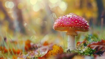 autumn forest close up of edible mushroom on grass photo